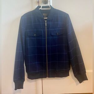 Wool Navy Windowpane Bomber Jacket